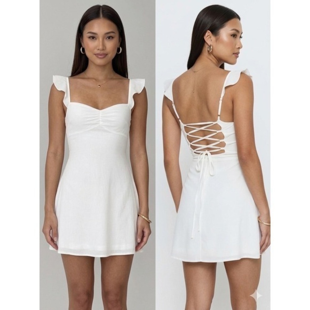 Princess Polly Landon Lace Up Back Ruffle Mini Dress Sweetheart Neckline US 0